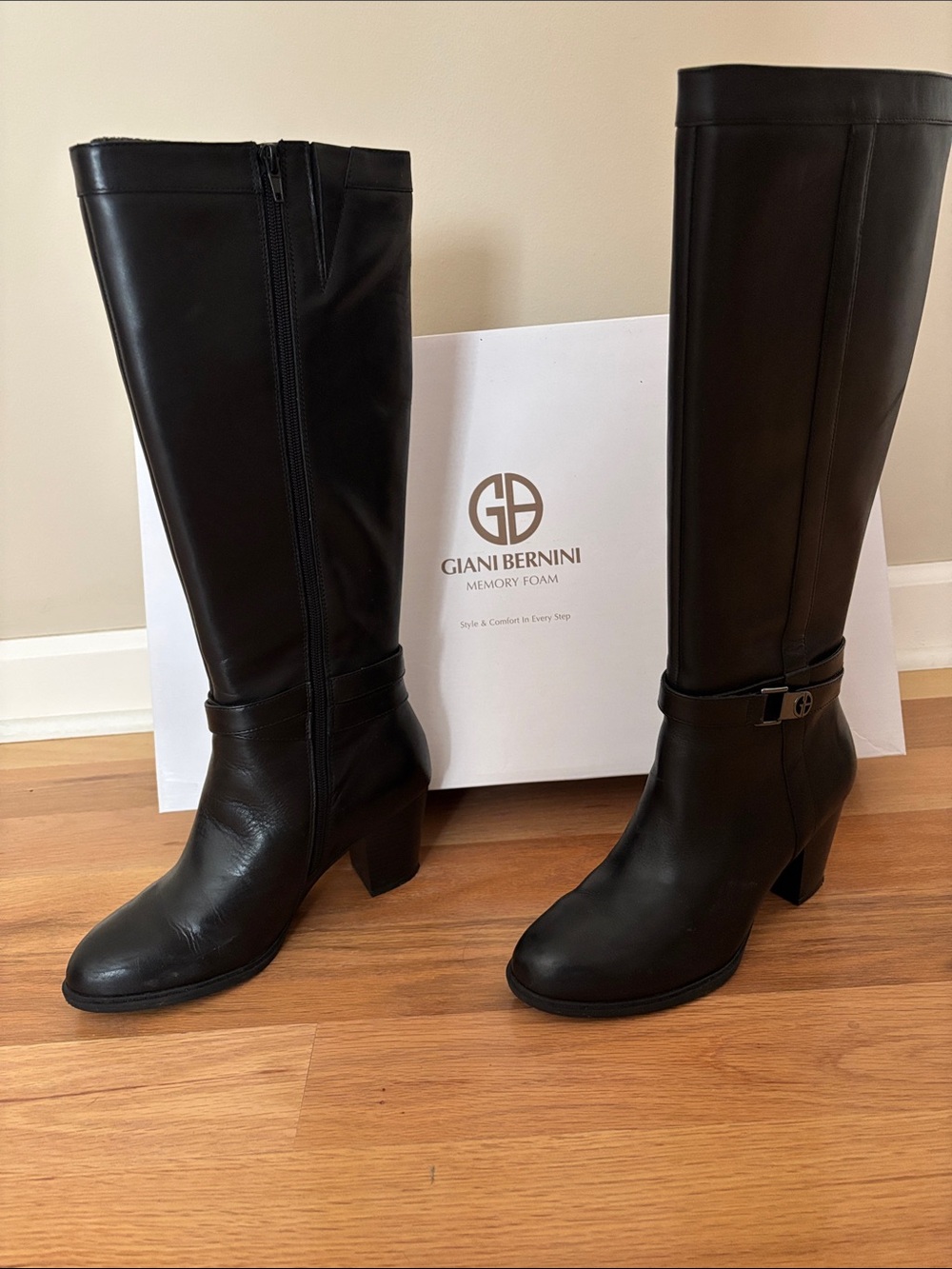 Giani Bernini Black Leather Knee-High Heel Boots with Ankle Strap